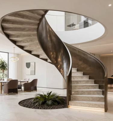 A narrow spiral staircase crafted from rich mahogany wood winding upward in a cozy interior.