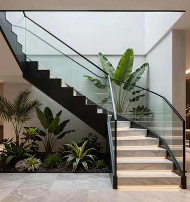 An airy staircase with white risers and oak treads illuminated by a large skylight above.