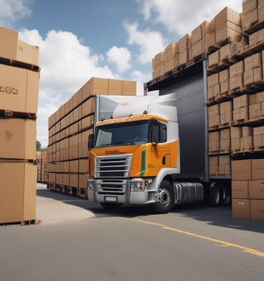 A Raglog logistics truck parked at a busy loading dock, workers preparing cargo