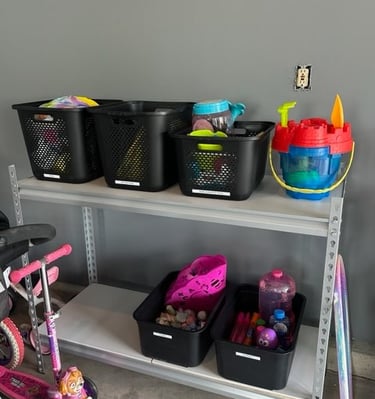 an organized shelving unit with labeled containers