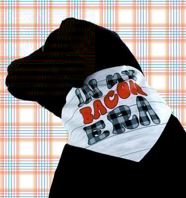 Dog wearing a bandana that says "in my bacon era".