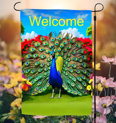 A garden flag picturing a brightly colored peacock and the word welcome.