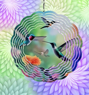 a wind spinner picturing hummingbirds in flight.