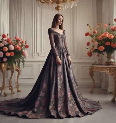 A woman is wearing a traditional outfit with intricate floral patterns in shades of blue and red. The ensemble includes a kurta, dupatta, and pants, with the dupatta elegantly draped over her shoulder. The background features a minimalistic setting with a large white vase containing green plants.