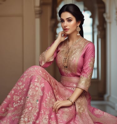 A woman is wearing a beautifully patterned traditional outfit with floral and abstract designs in shades of blue and red. She is standing with her hands clasped, wearing earrings, and has long hair. The outfit includes a kurta, trousers, and a dupatta draped around her shoulders. She is posing near a large white vase with green foliage.