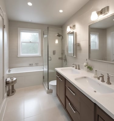 A well-maintained exterior of a house with light-colored siding and green-and-white striped awnings above the windows. A large, neatly trimmed shrub with numerous red flowers is positioned near the entrance, next to a small set of stairs leading to the front door. The bright sunlight casts soft shadows, suggesting a clear day.