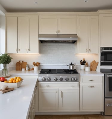 A well-maintained urban residential facade with a white brick exterior and ornate window moldings. A staircase with a black railing leads up to a striking blue door. A tree with dark red leaves adds contrast, with its shadows casting on the building's surface. The street in front features a double yellow line and a textured sidewalk.