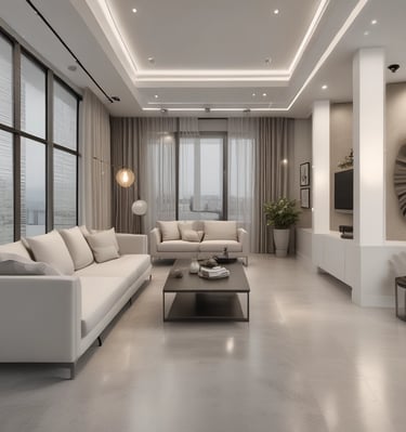 A well-maintained house with a gray gabled roof and white walls is seen at the end of a stone pathway. The front entrance has a large glass double door flanked by tall windows and decorative plants. Surrounding the pathway, lush green foliage and flowering plants frame the view, and a light blue sky is visible in the background.