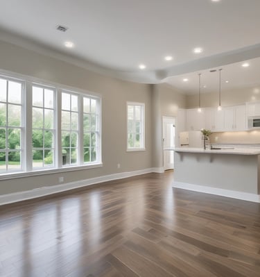 A small, well-maintained house with a brown roof, yellow exterior, and white trim is shown. The house has a front porch with white railings, potted plants, a few outdoor chairs, and an American flag hanging. The front yard is lush with green grass, and there are various bushes and plants along the base of the house. Tall trees and some shrubs can be seen in the background along with a clear blue sky.
