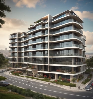 A tall, modern skyscraper with a sleek, geometric design features numerous windows and balconies. The foreground displays a sign advertising luxury penthouse suites with information on sales and rentals. Several small trees and flagpoles are lined up on the terrace, adding a touch of greenery to the urban setting.