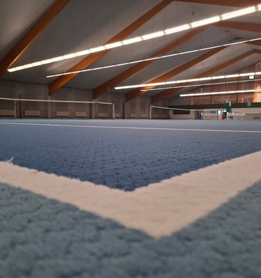 a tennis court with a tennis ball and racket