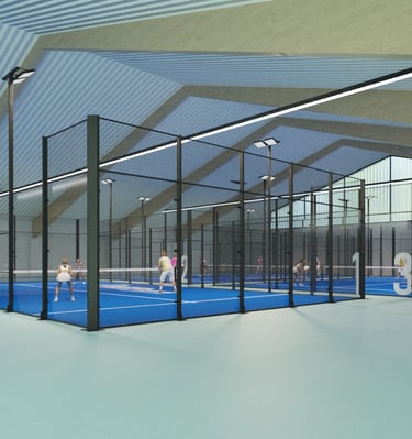 a padel tennis court with people playing padel on a sunny day