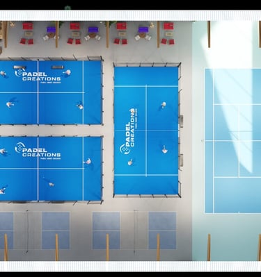 a padel tennis court with blue floor and tennis court