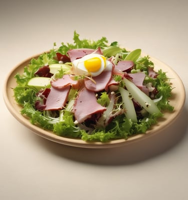 Salad of smoked duck with frisée, stilton and pears.