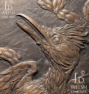 Reaction Time - Collared Lizard and Roadrunner - bronze relief sculpture - sold - Jeremiah D Welsh