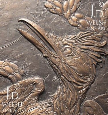 Reaction Time - Lizard and Roadrunner - Bronze relief sculpture - Jeremiah D Welsh
