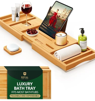 bamboo bathtub tray, foldable with products on top
