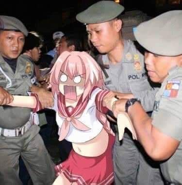 an anime girl in uniform is being held by police officers