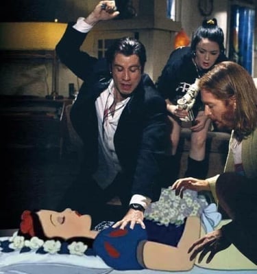 Overdose scene in Pulp Fiction but Vincent is about to stab Snow White with the syringe.