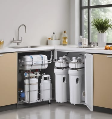 An aerial view of a wastewater treatment facility surrounded by various landscapes, including cultivated fields and a small cluster of residential buildings. The facility features circular water treatment pools and is situated near a road that curves through the area. A hilly terrain extends in the distance with the coastline visible at the horizon.