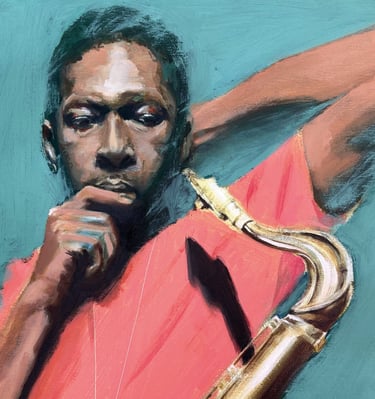 a painting of John Coltrane with oil on canvas