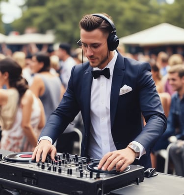 A DJ stands on a stage in a large indoor venue, controlling a set of mixing equipment. He faces a large crowd of people who are illuminated by various colored lights and beams. The atmosphere is lively with bright, dynamic lighting, including blue and purple hues.