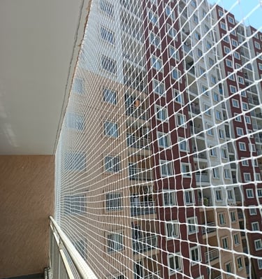 Wide shot of an apartment window covered with a neatly installed pigeon net, sunlight filtering thro