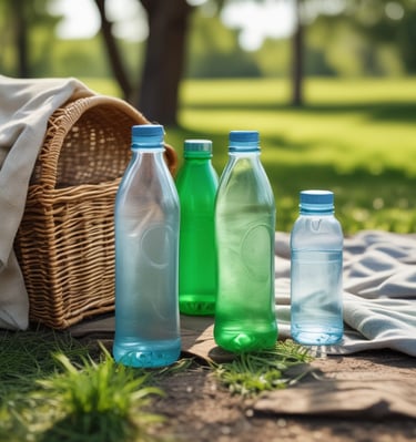 An outdoor picnic scene with people enjoying bottled water.
