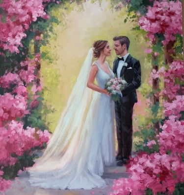 rose wedding arch, floral ceremony arch, engaged, married couple, wedding painting
