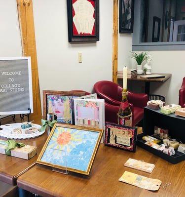 A variety of collage examples that can be made at Collage Art Studio.