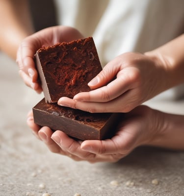A hand holding a piece of brown soap against a plain background. The soap has a natural, handmade appearance with a slightly uneven surface.