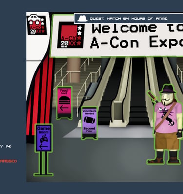 Gameplay screenshot with the neckbeard main character in the center of an anime convention