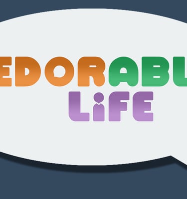Speech bubble with the game logo Fedorable Life in the center