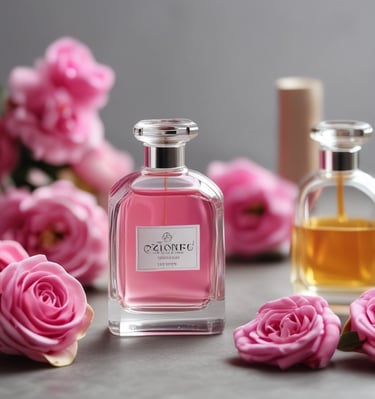 A collection of various perfume bottles arranged on a mirrored tray with decorative crystal embellishments. The bottles are of different sizes and designs, including recognizable brands with elegant labeling. The setting exudes a luxurious and sophisticated ambiance.