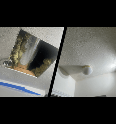 Techinician repair access hole -- Drywall ceiling repair (hole) with stipple texture finish