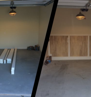 Garage wood trim carpentry upgrade (judges paneling with wood panel inserts)