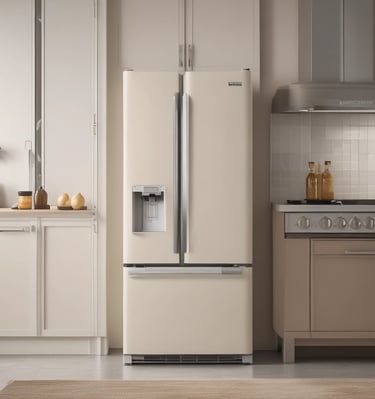 A shattered glass panel with a sticker labeled 'Power Savings Guide' and a note indicating a 10-year warranty. The background includes a kitchen setting with a water dispenser, dishes, and some utensils.