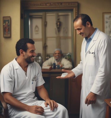 A person in a blue shirt with the logo 'Angels for Humanity' provides dental care to a young patient lying on a dental chair. The setting appears to be a makeshift dental clinic with blue medical equipment and supplies on tables. Other team members in similar attire are visible in the background, some attending to other patients.