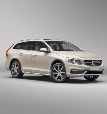 A dark green, compact car is parked in an indoor garage. The focus is on the car's rear, showing a shiny surface, taillights, and a close-up of the license plate with foreign characters. The environment is modern and well-lit, with concrete flooring and minimal barriers.