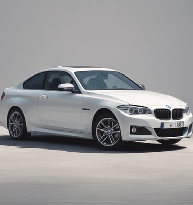 A modified white car is on display at an indoor automotive show, with the hood open to reveal a blue engine compartment. The setup includes a backdrop with partially visible signage and lighting fixtures. Nearby vehicles are partially visible, with one orange car in the foreground. The license plate features Japanese characters.