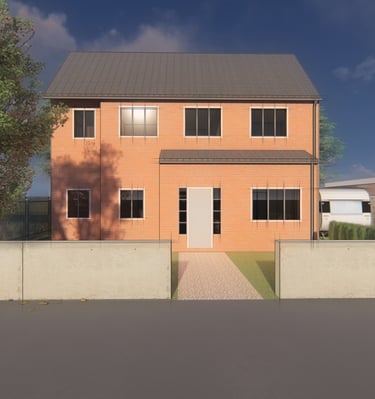Modern red brick two-story house architectural 3D rendering with driveway and cars.
