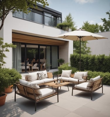 Elegant dining table set under a shaded patio.