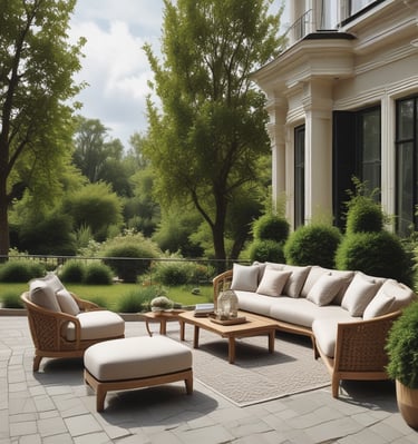 Rustic wooden bench placed in a blooming garden.