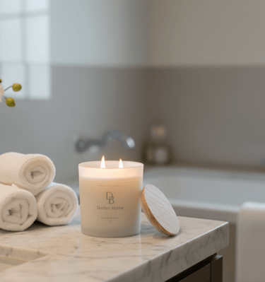 a candle with a candle and a candle in a bathroom