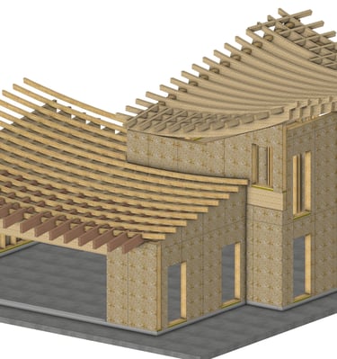 Maisons ossature bois courbe à Lauzach. Réalisation Champagne Charpente