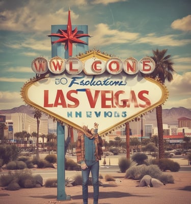 a man standing in front of a welcome sign for a las vegas sign