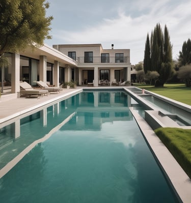 a pool with a large pool and a lawn