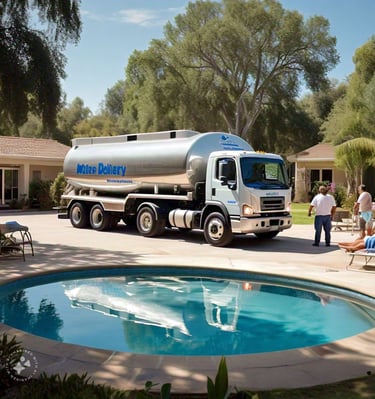 a truck with a tankless water tank sitting in front of a pool