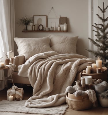 A cozy living room with soft blankets and cushions.