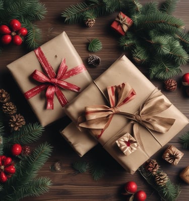 A beautifully wrapped seasonal gift box surrounded by decorations.